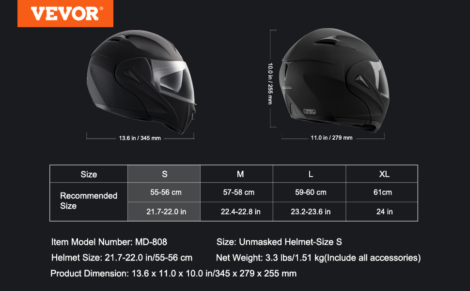 Мотошолом VEVOR без маски, розмір S (55-56 см), ABS, з Bluetooth, змінне скло, DOT, для підлітків і дорослих