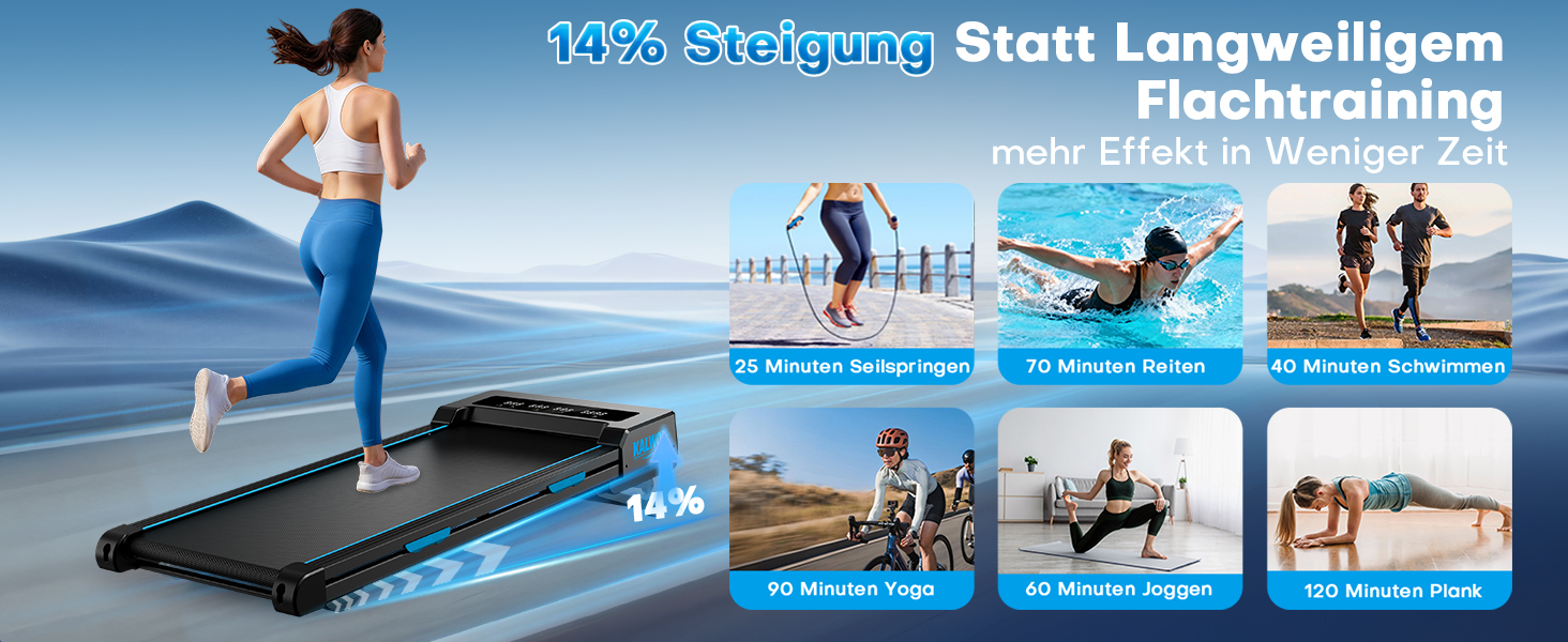 Бігова доріжка Walking Pad з автоматичним нахилом 14%, потужний безщітковий двигун 3.5 HP, швидкість до 10 км/год, LED-дисплей, 12 HIIT-програм, до 180 кг, чорно-блакитна