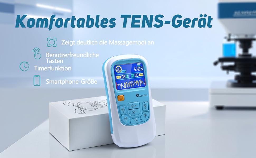 Пристрій TENS для терапії болю, EMS, 2 канали, 25 режимів, 50 рівнів інтенсивності, 10 електродів (синій)