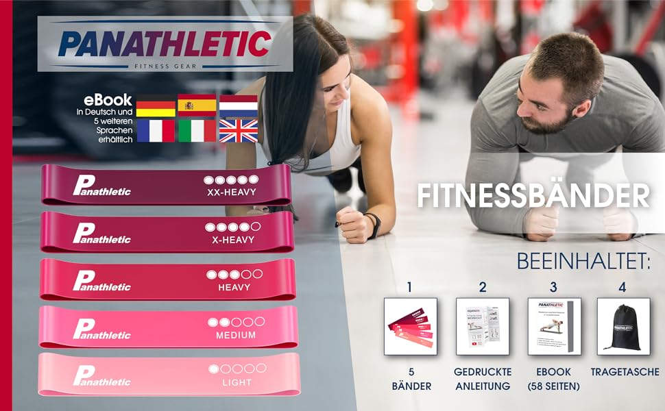 Фітнес-гумки Panathletic, набір 5 шт. – різні рівні опору, інструкція, eBook, сумка – 5 фітнес-гумок, гімнастичний еспандер, стрічка опору чорний, червоний, жовтий, синій, зелений (рожевий)