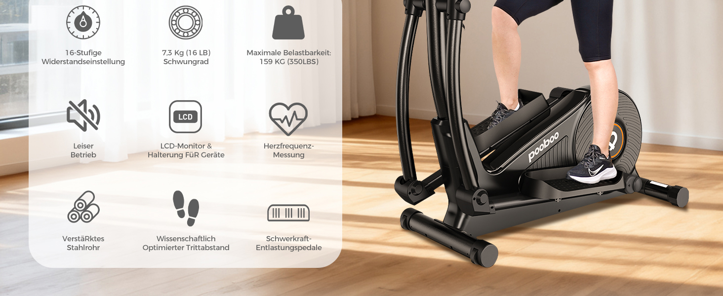 Еліптичний тренажер Pooboo 07-Basic Black з магнітною системою, LCD-монітором та кроком 15,5 дюймів. Витримує вагу до 158 кг, 16 рівнів навантаження.