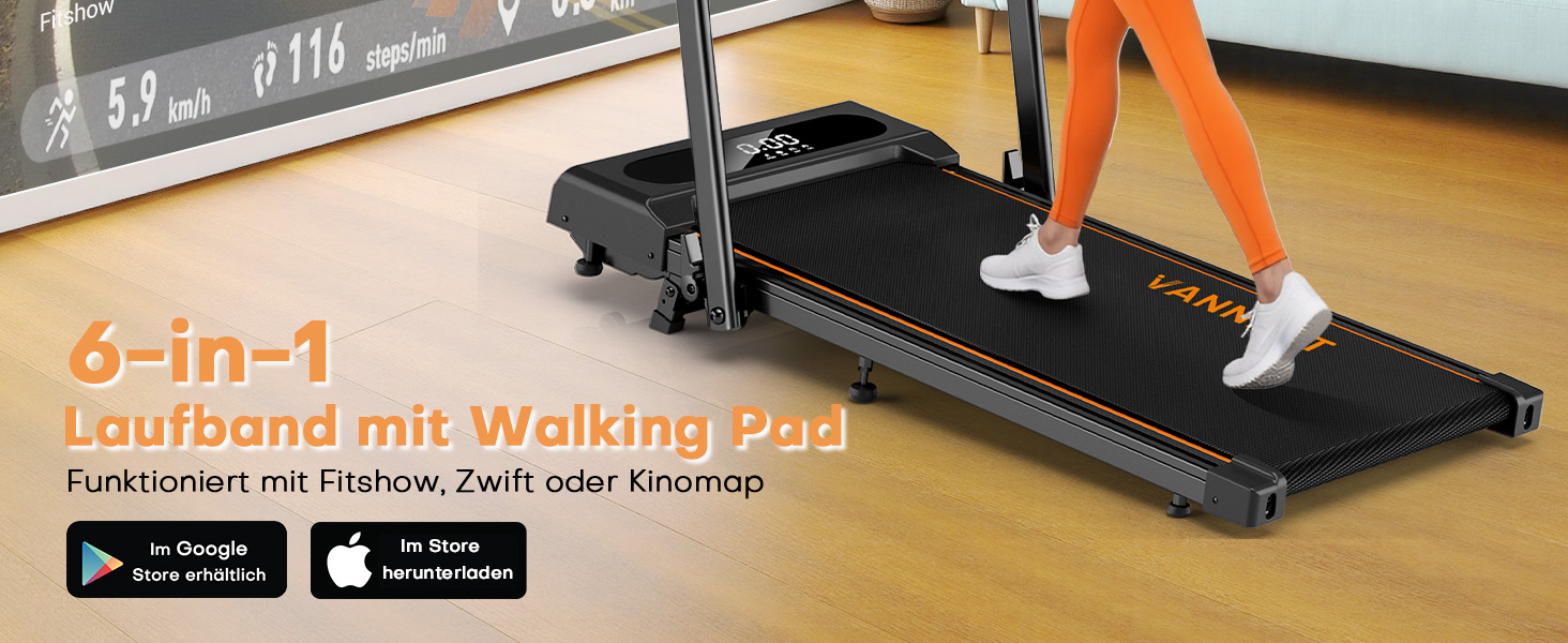 VANNECT Walking Pad - складане бігове полотно для дому, 1-12 км/год, кут нахилу 9%, LCD-дисплей, дистанційне керування, 150 кг, помаранчеве