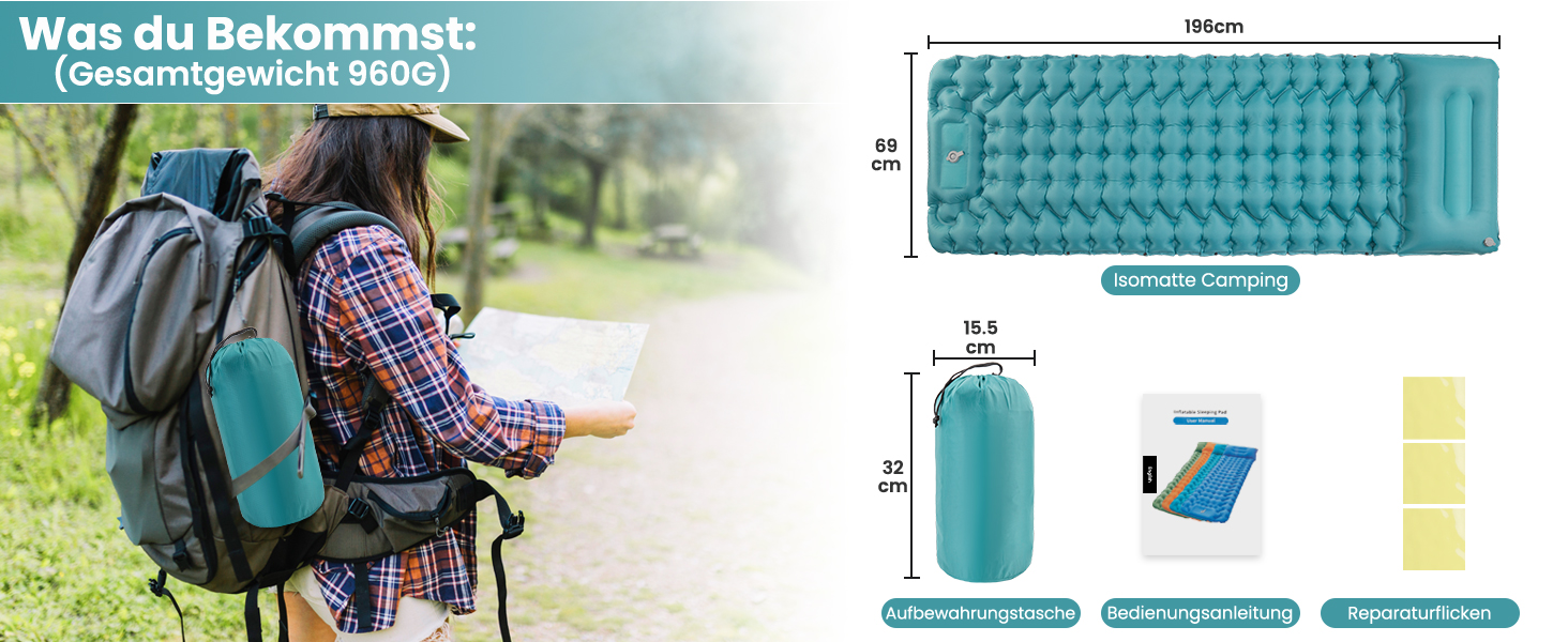 Килимок для кемпінгу Satisure Isomatte: самонадувний, водонепроникний, ультралегкий, з насосом для ніг, односпальний