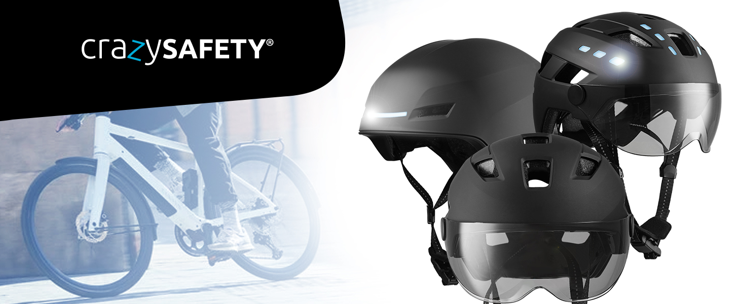 Велошолом Crazy Safety для електровелосипедів та міста, дорослий, з переднім і заднім світлом, регульований, магнітна застібка Fidlock
