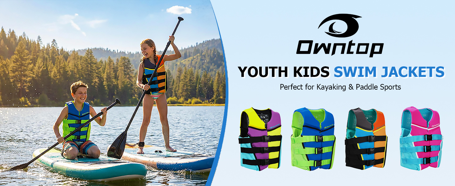 Owntop Жилет рятувальний дитячий та підлітковий, фіолетовий, M. Регульований, з триразовою системою безпеки. Підходить для каякінгу, плавання, риболовлі та снорклінгу.