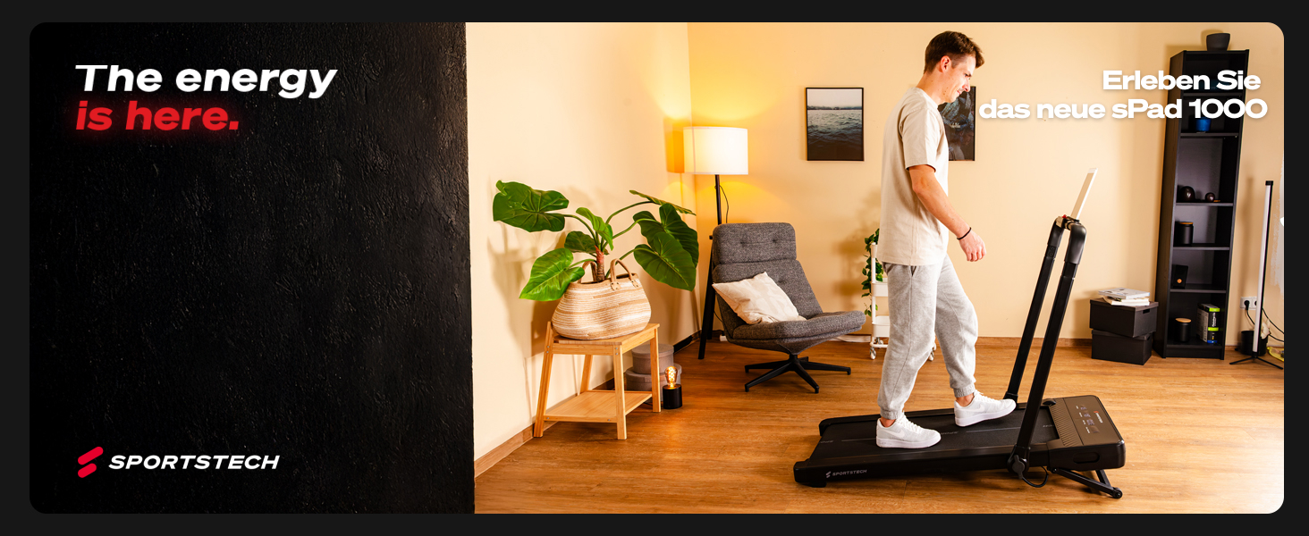Sportstech Walking Pad: біговий килимок для дому та офісу з регулюванням нахилу до 19%, LED-дисплеєм, компактний та тихий, сумісний з додатком, швидкість до 12 км/год, sPad500/1000 sPad1000