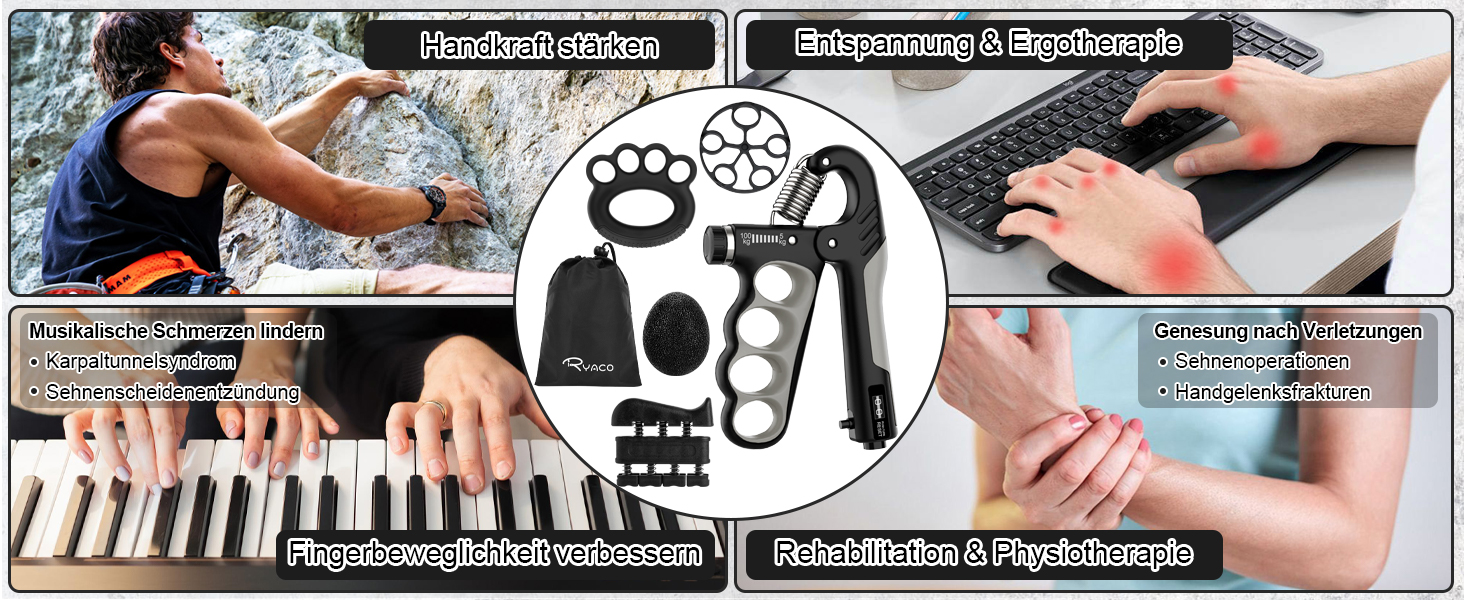 Ryaco Handtrainer: Розширювач для пальців та рук (5-100 кг), 6 предметів - тренажер для кисті, силовий хват, м'ячик для зняття стресу