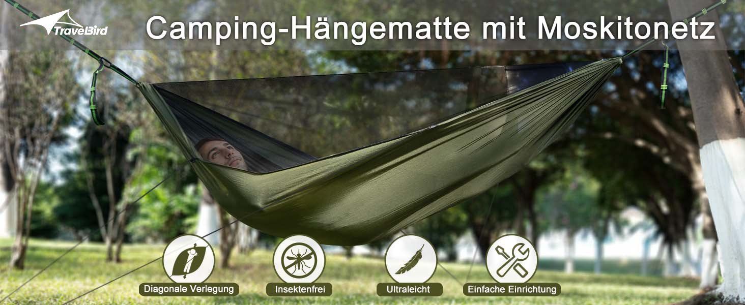 Гамак туристичний Bird Camping з москітною сіткою та відтяжкою, великий для 2 осіб, 290 x 140 см, легкий, для відпочинку на природі, походів, подорожей та рюкзаків, колір: армійний