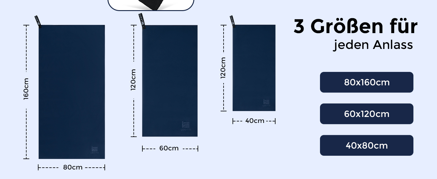 Набір мікрофібрових рушників LEGITH – швидковисихаючі та компактні для подорожей, пляжу, спорту та кемпінгу (3 розміри: 160x80 см, 120x60 см, 80x40 см) – економія місця