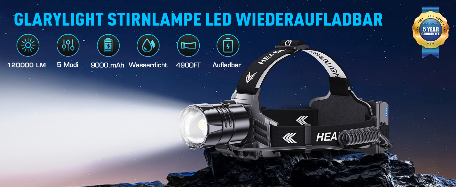 Ліхтар налобний LED Glarylight 120000 Lux з акумулятором 9000mAh, 5 режимів, IPX7, Zoom, 120°, для кемпінгу, риболовлі, туризму