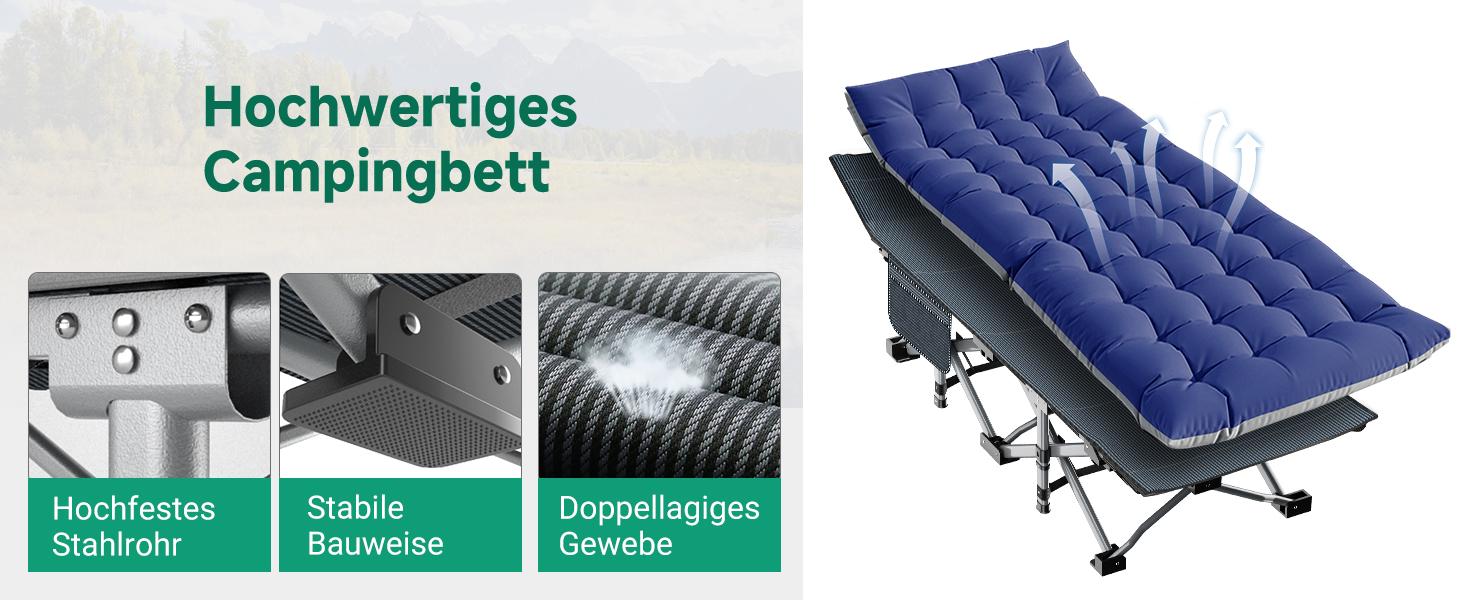 Розкладне ліжко-крісло для кемпінгу з матрацом, блакитне. Максимальне навантаження, бічна кишеня, для відпочинку на природі та вдома