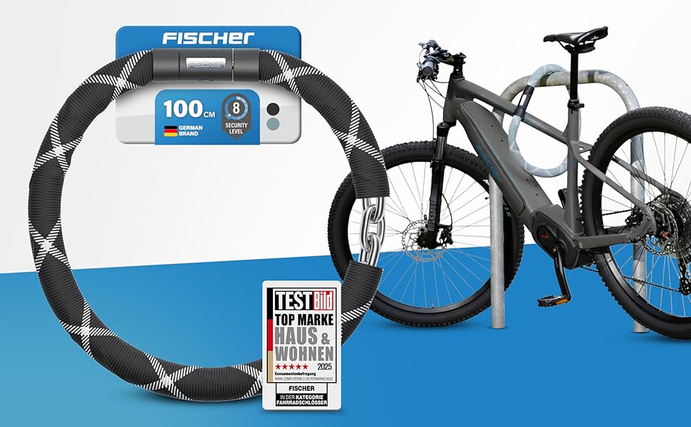Ланцюговий замок для велосипеда та електровелосипеда FISCHER PROTEC SK100, 100 см, чорний, зі світловідбиваючими нитками, 2 ключі