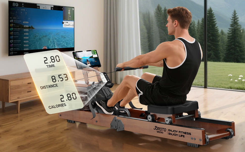 Гребний тренажер JOROTO для дому, дерев'яний, складаний | Bluetooth, сумісність з Kinomap | Макс. вага 150 кг, 16 л резервуар для води
