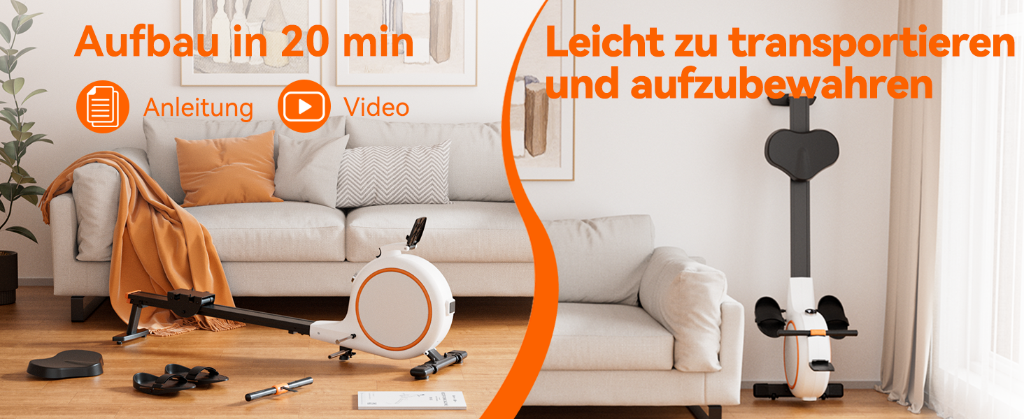 Гребний тренажер для дому з магнітним опором, 32 рівні, 136 кг, сумісність з додатком, LCD-дисплей, білий-помаранчевий