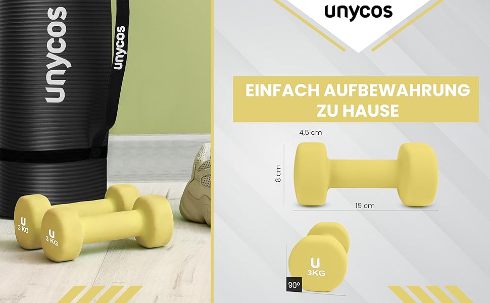 Neoprenові гантелі unycos 2 шт. по 3 кг, жовті, антиковзкі, для фітнесу та силових тренувань, зручна ручка, круглі