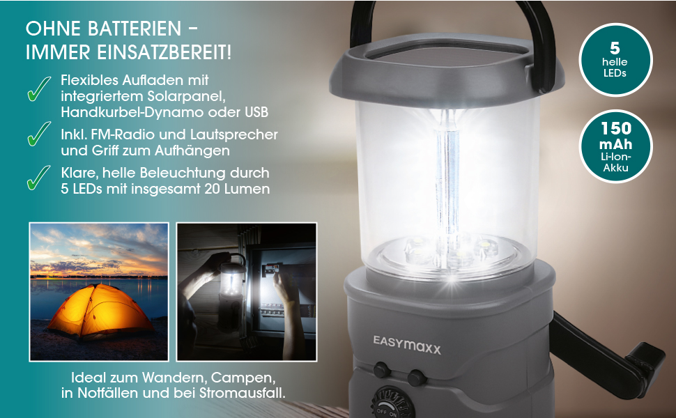 Сонячна лампа EASYmaxx з радіо | Радіо та ліхтар для надзвичайних ситуацій з ручним приводом | LED ліхтарик ідеально підходить для відпочинку на природі, кемпінгу та виживання | Повторно заряджається за допомогою сонячної енергії, ручного приводу та USB [Сірий]