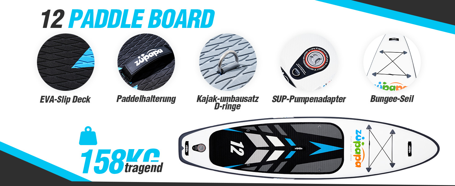 Надувне SUP-борд Zupapa 366см/320см (12ft) з аксесуарами | Stand Up Paddle Board з сидінням для каяка | Чорно-біло-сірий комплект