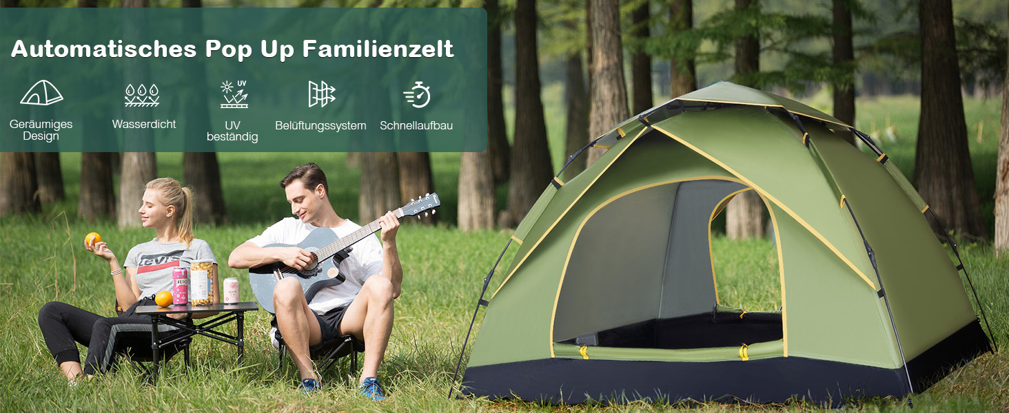 Намет для кемпінгу Jaztral 3-4 особи, автоматичний, куполоподібний, водонепроникний, вітростійкий, 3-4 сезонний, для сім'ї, трекінгу та кемпінгу, колір: зелений