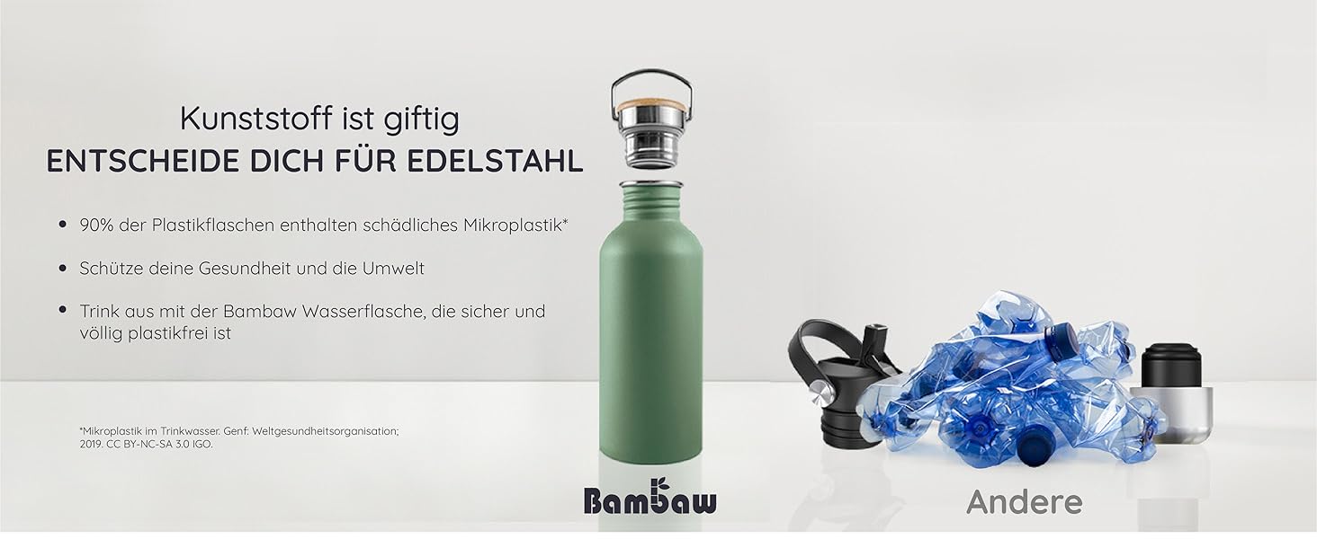 Водафлянка Bambaw з нержавіючої сталі, 1 л | Багаторазова еко-пляшка | Для кемпінгу та походів | Без пластику | Спортивна пляшка, 1000 мл, срібна