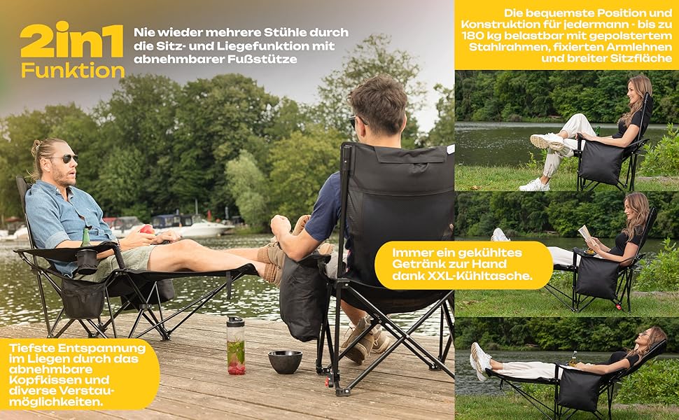 Крісло для кемпінгу Faltbuddy® 2-в-1: стілець та лежак, 180 кг, чорний, з великою сумкою-холодильником. Ідеально для риболовлі, пляжу, фестивалів та відпочинку на природі.