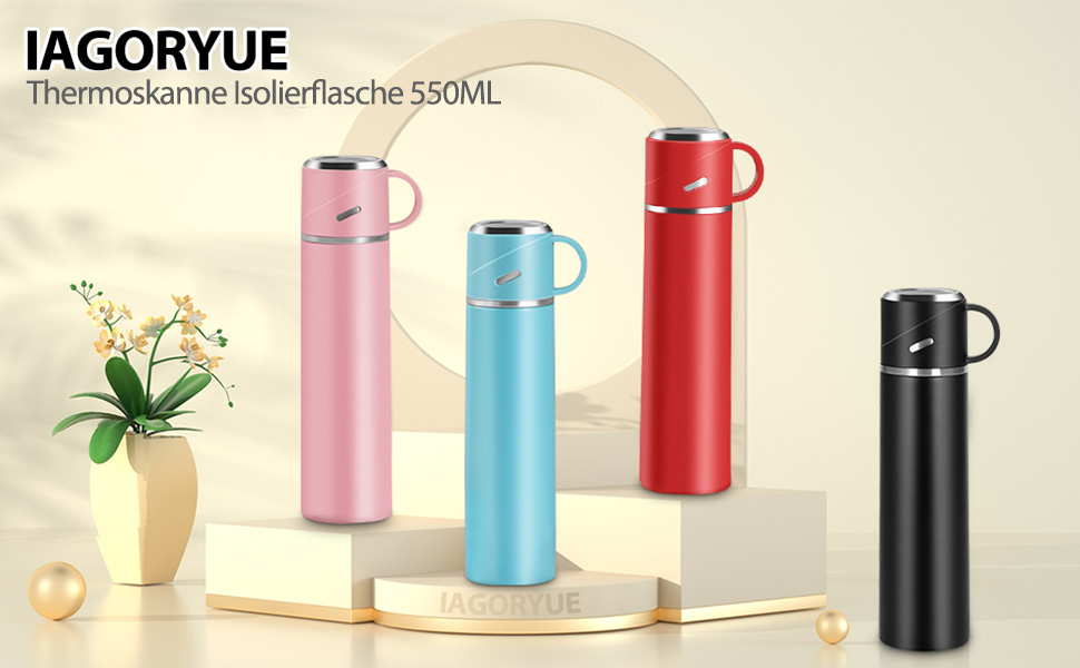 Термос IAGORYUE з нержавіючої сталі, 0.55л, з витокозахисним кришкою та ручкою, двостінний, зберігає тепло/холод до 12 годин, для спорту, офісу, відпочинку на природі, чорний