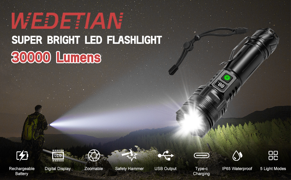 Ліхтар LED WEDETIAN 30000 Люмен, Тактичний ліхтар USB, 5 режимів освітлення, для кемпінгу, туризму, надзвичайних ситуацій