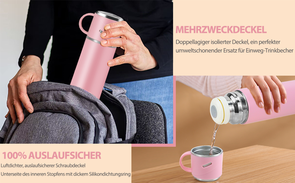 Термос IAGORYUE з нержавіючої сталі, 0,55 л, з герметичним кришкою та ручкою, подвійні стінки, зберігає тепло/холод до 12 годин, для спорту, офісу, відпочинку на природі (Рожевий)