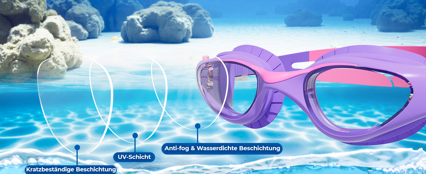 Дитячі окуляри для плавання Schwimmbrille - маска для хлопчиків та дівчаток з UV-захистом та антифогом, водонепроникні, прозорі лінзи, для дітей 6-14 років (Ліловий колір)