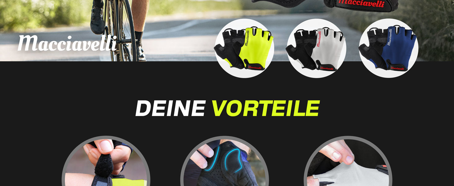 Велосипедні рукавички MACCIAVELLI® для чоловіків та жінок | З гелевими вставками, дихаючі, з підкладкою | Рукавички для MTB, шосе, трекінгу | Чорний, розмір L