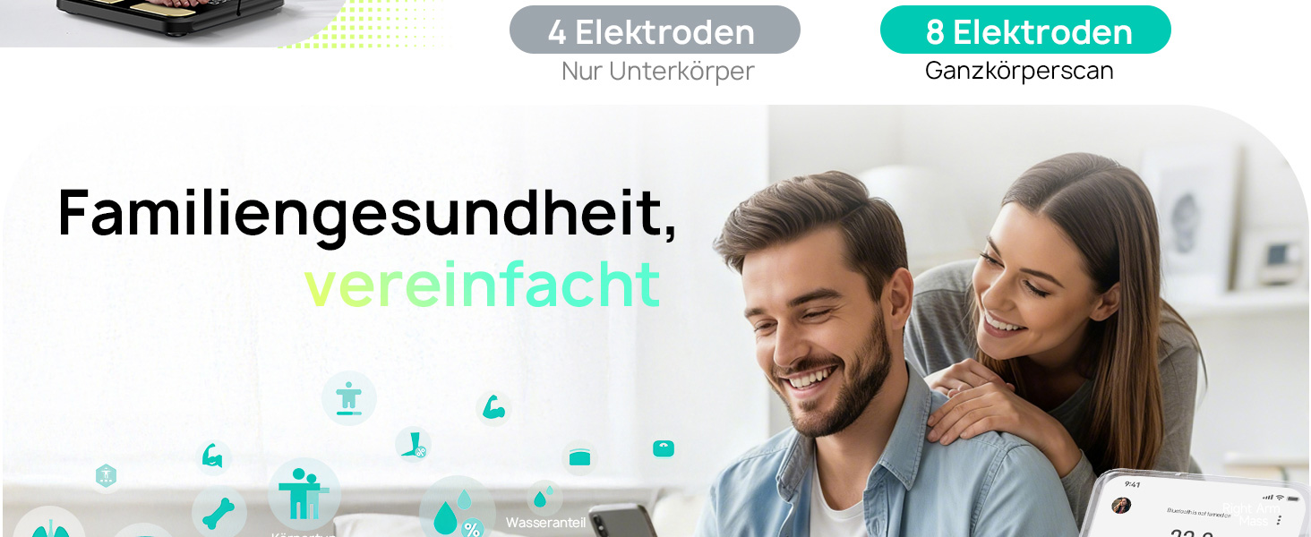 Вага RunSTAR для вимірювання жиру в тілі, персональна вага з 8 електродами, вимірювання ваги, жиру, BMI, м'язової маси та 28 параметрів тіла, додаток, 3 показники, 180 кг, чорний колір