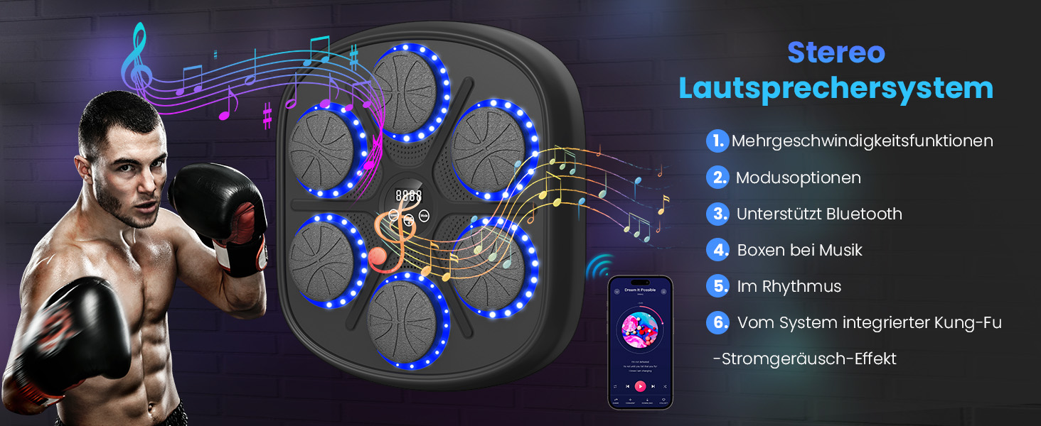 Музична боксерська машина з LED-підсвіткою, Bluetooth, 9 режимів швидкості та підрахунком ударів, електронний тренажер для дітей і дорослих, музичний бокс для дому та спортзалу