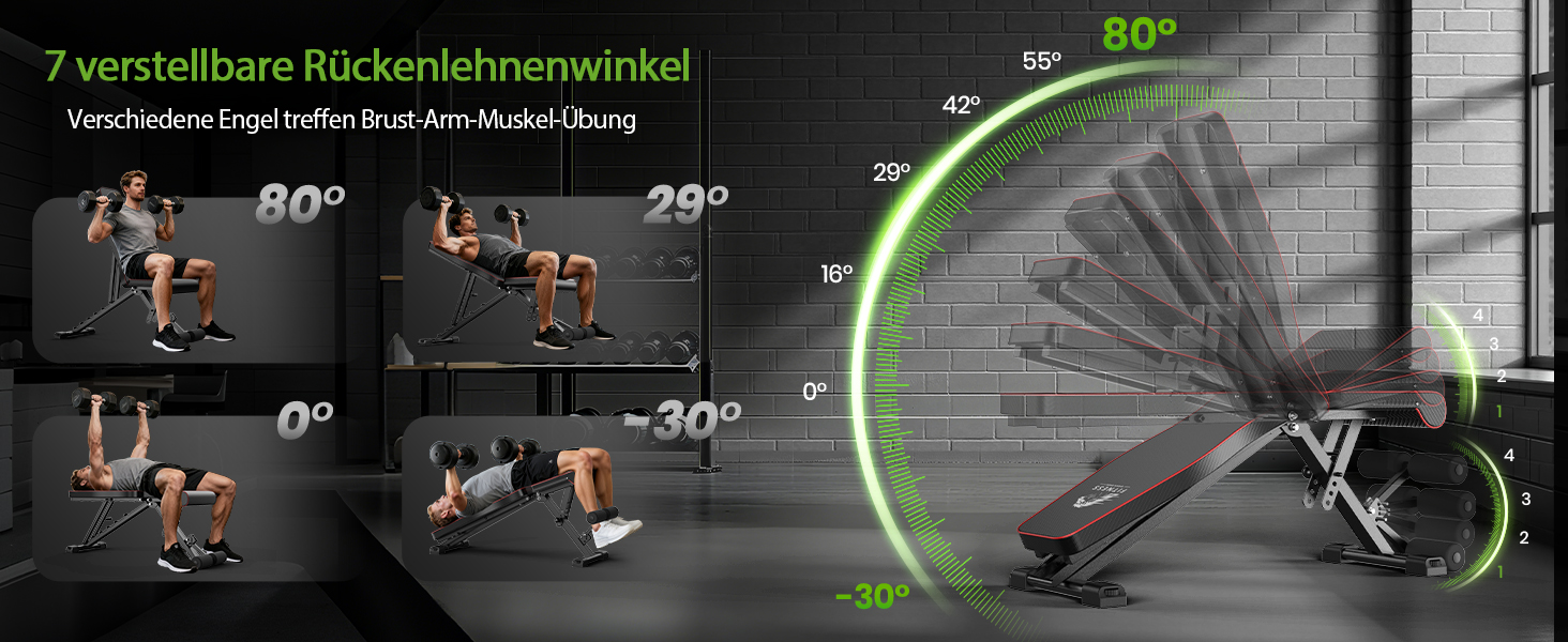 Регульована багатофункціональна лава для гантелей Dskeuzeew, складана фітнес-лава з еластичними стрічками та сумкою для зберігання, 7 положень нахилу спинки, максимальне навантаження 300 кг, чорна