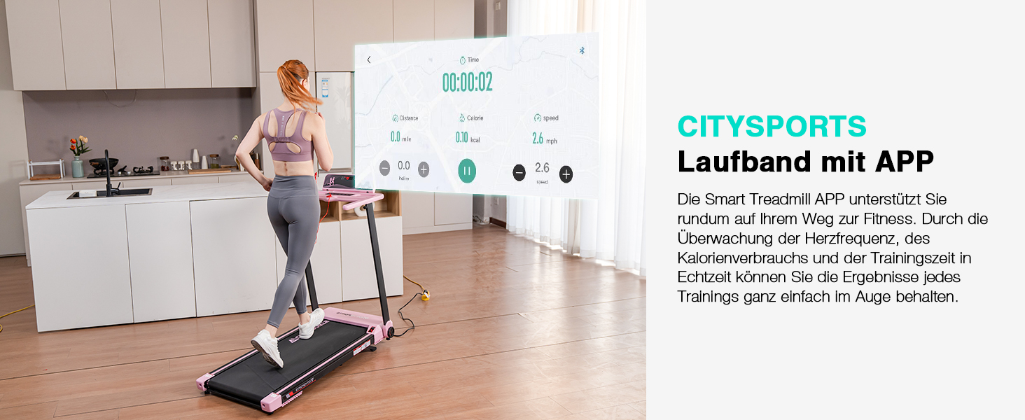 CITYSPORTS Електричний біговий тренажер, складаний, до 12 км/год, LED-дисплей, APP, тримач для планшета 360°, рожевий