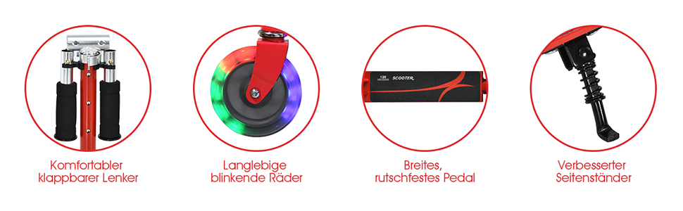 Дитячий ролер Costway з LED-колесами, для дітей від 4 років, до 70 кг, регульована висота, ролер-кіксктер для хлопчиків та дівчаток (червоний)