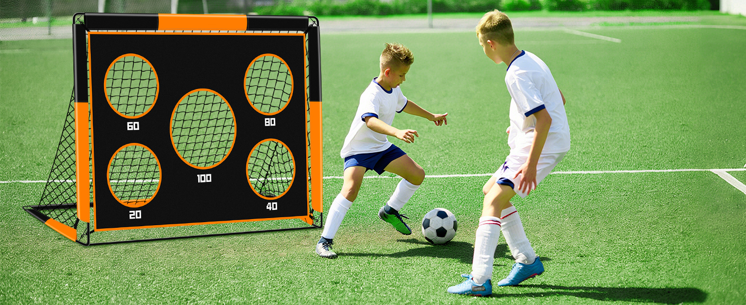 Дитячі воріта для футболу 2-в-1, 150х120 см, портативні та стабільні, з 5 зонами для забивання, 4 кілочки для кріплення та сумка для перенесення, для саду, парку, пляжу, оранжеві