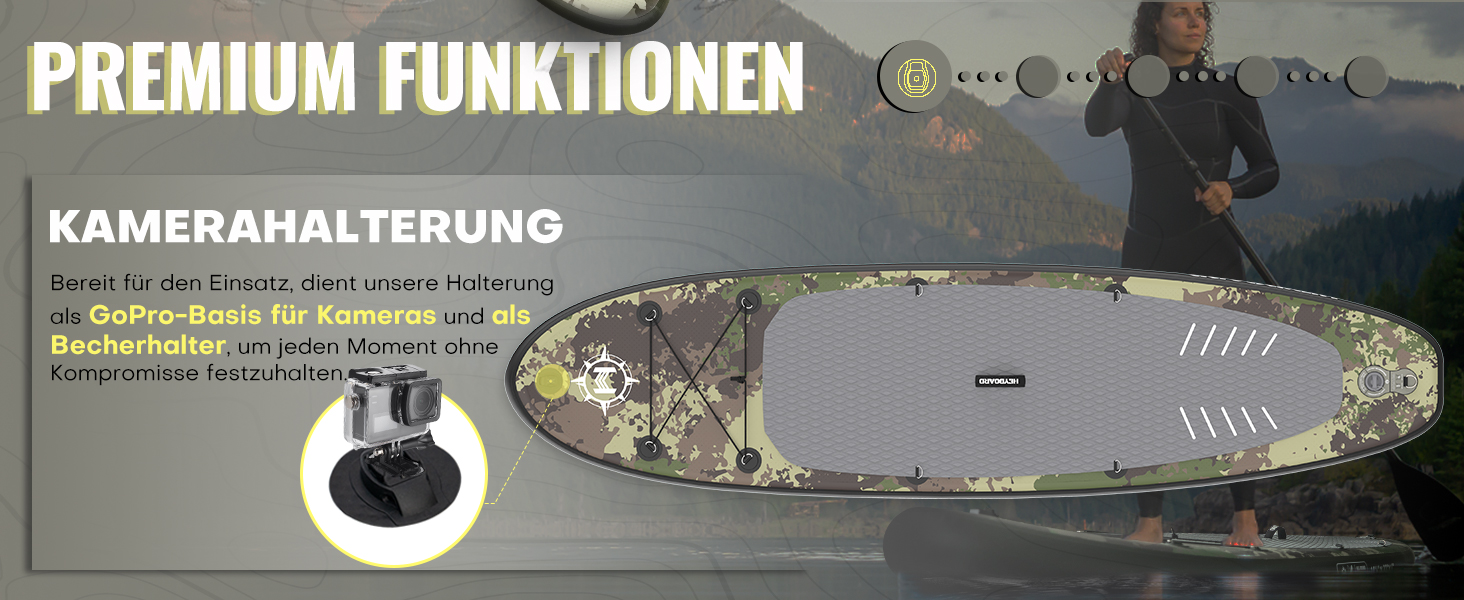 Надувна SUP-дошка HEYBOARD для веслування стоячи, комплект: насос, рюкзак, скловолоконне весло, страхувальний шнур, для водних видів спорту