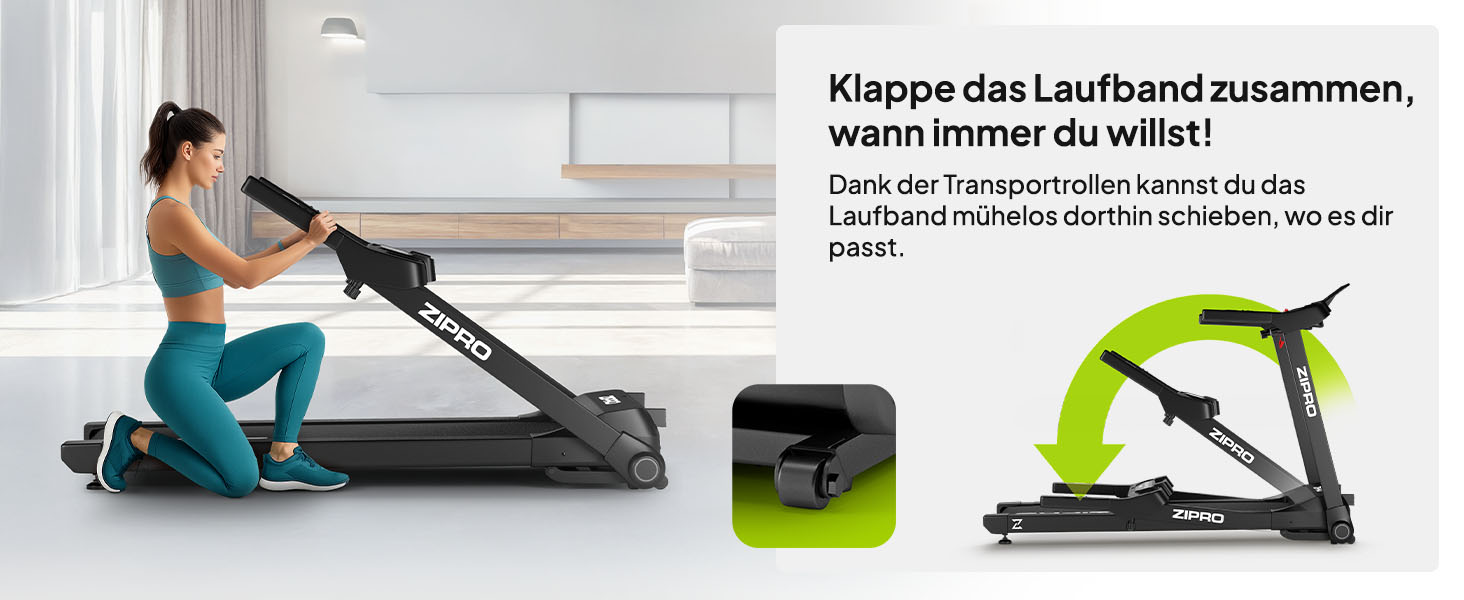 Біговий тренажер ZIPRO Klappbar: 1-16 км/год, 12 рівнів нахилу, LED-дисплей, компактний та тихий, з додатком