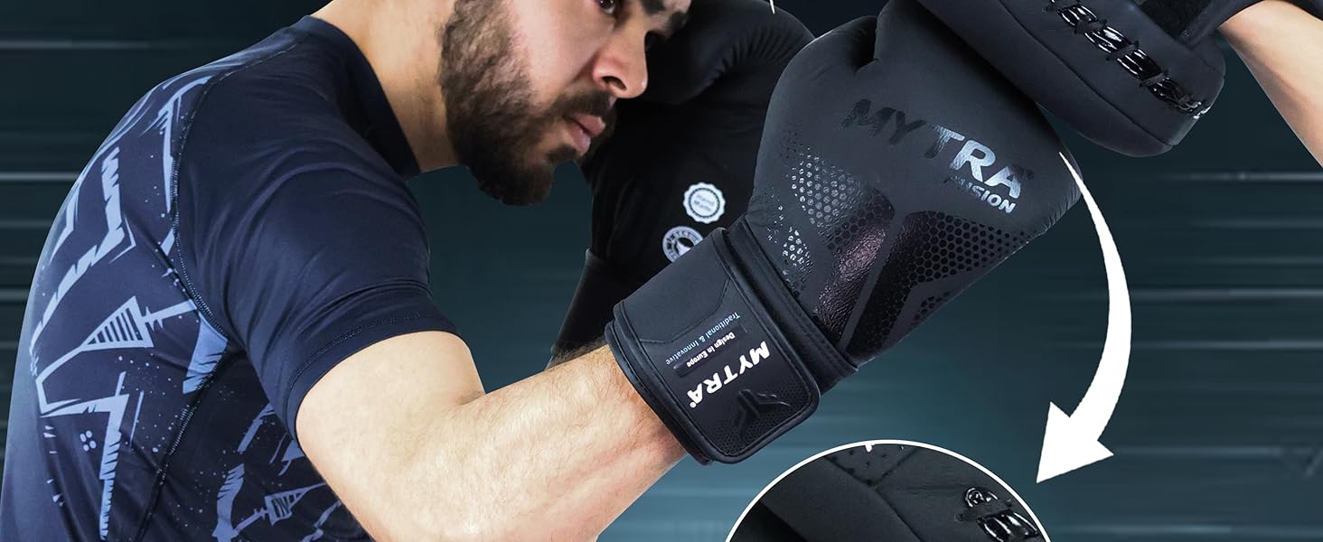 Боксерські рукавички MyTra Fusion для чоловіків та жінок. Рукавички з натуральної шкіри для боксу, муай-тай, ММА, тренувань та фітнесу. Розміри: 10, 12, 14, 16 oz. Колір: чорний