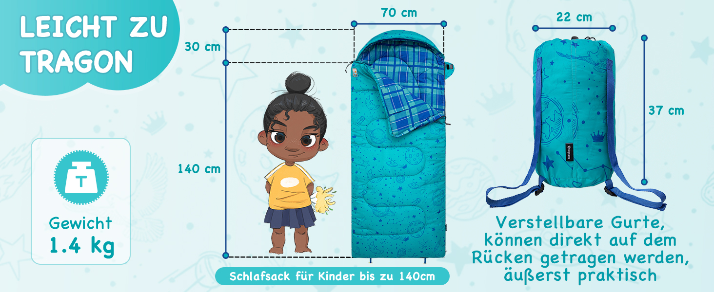 Сплячий мішок KingCamp для дітей, фланелевий, легкий, водонепроникний, компактний, зимовий, 4 сезони, для кемпінгу, підходить для дітей до 140 см, комфортна температура: 7°C (Блакитний L)