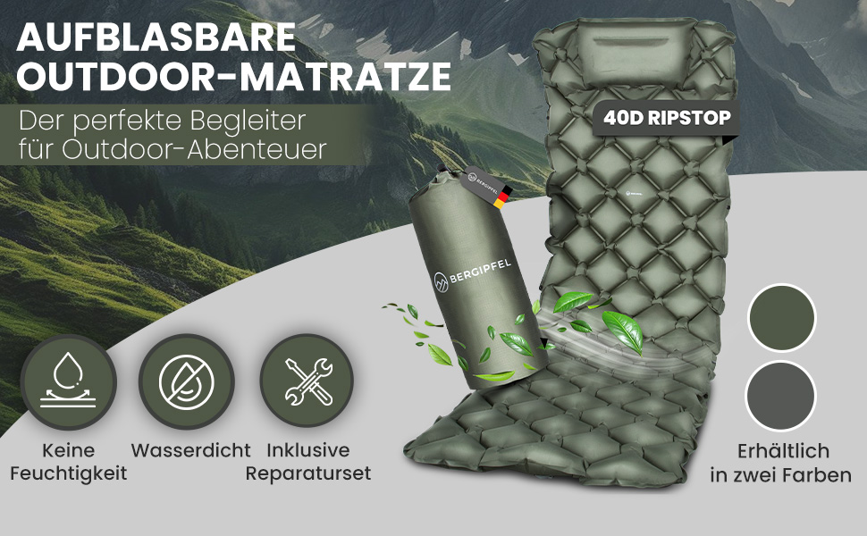 Надувна ізольована килимок Bergpfeil 7,5 см – Ultraleicht, компактний, з інтегрованим насосом – для кемпінгу, виживання та трекінгу, зелений