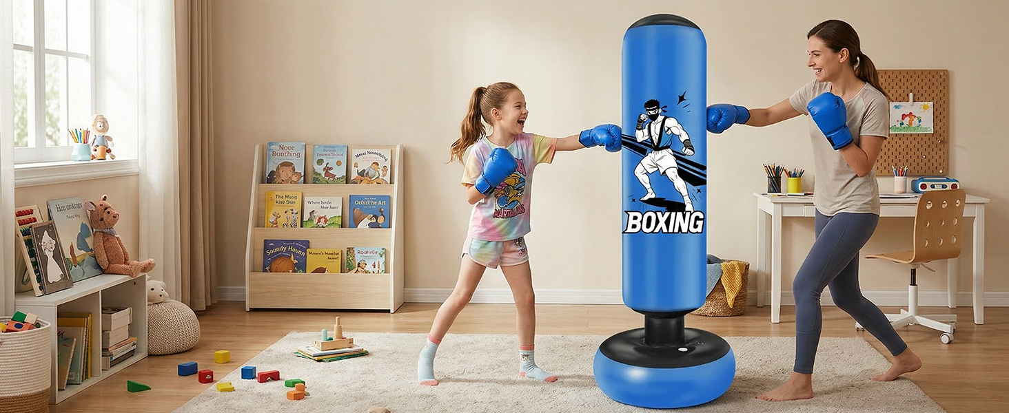 Боксерський мішок надувний для дітей 168 см з рукавичками та насосом, блакитний, з мотивом бійця, для дому, 5-12 років, для Karate та Taekwondo
