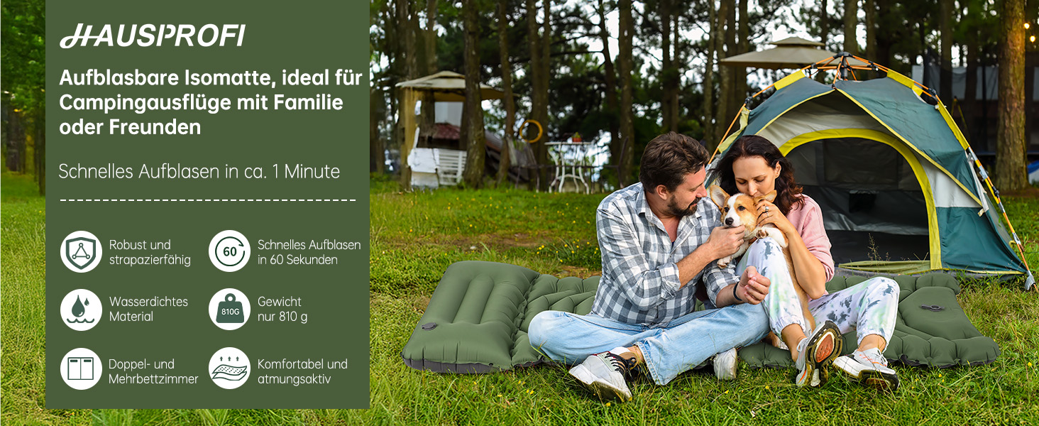 Килимок для кемпінгу Hausprofi Isomatte: ультралегкий надувний килимок з насосом та подушкою, для туризму, пляжу, відпочинку на природі, армійного кольору