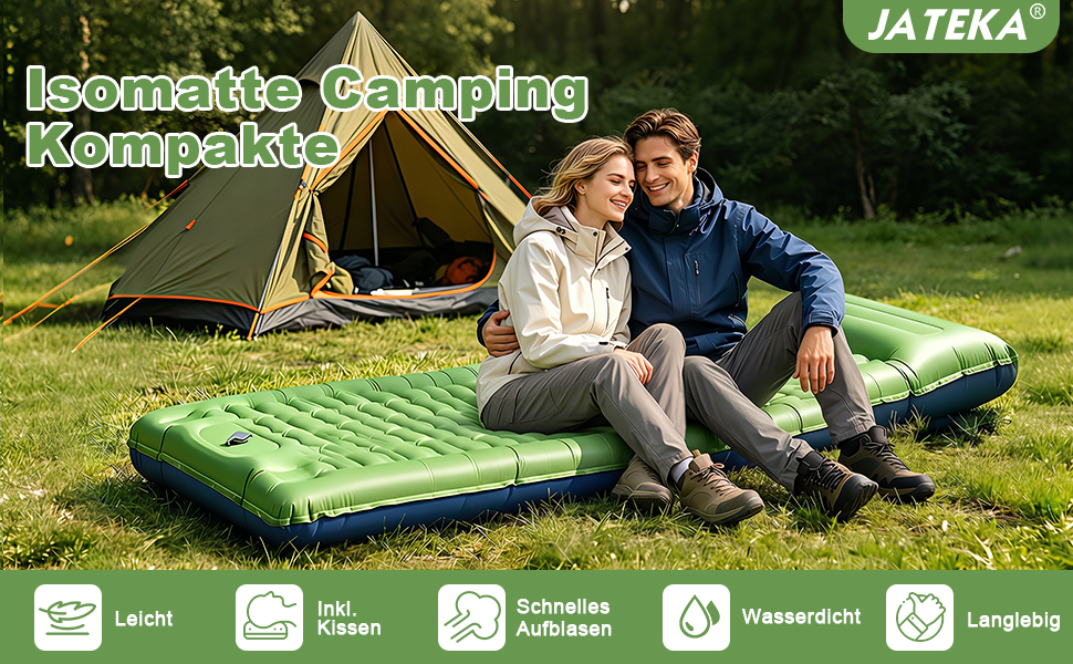 Каремат надувний JATEKA Isomatte Camping 12 см з вбудованим насосом, зелено-синій - для кемпінгу, туризму, походу