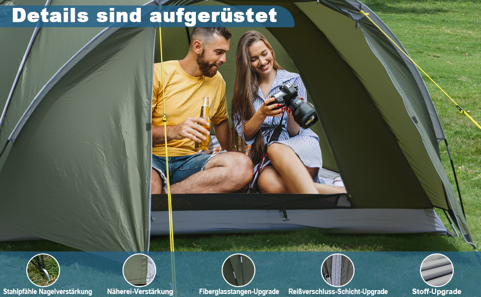 Намет для кемпінгу на 2-4 особи з тамбуром, водонепроникний (PU5000), зелений, для подорожей, трекінгу, кемпінгу та відпочинку на природі