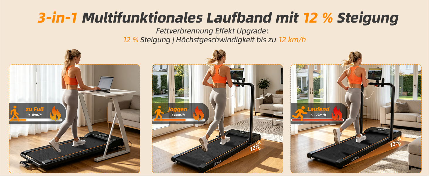 Складана бігова доріжка Lichico для дому, Walking Pad зі схилом 12% та швидкістю до 12 км/год