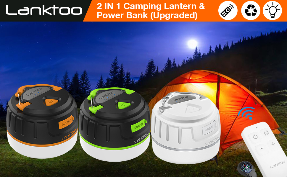 Ліхтар кемпінговий акумуляторний Lanktoo з пульт дистанційного керування та Powerbank, USB-C, 300 годин роботи, 5 режимів, водонепроникний, з магнітним основанням, для риболовлі, надзвичайних ситуацій (чорний + зелений)