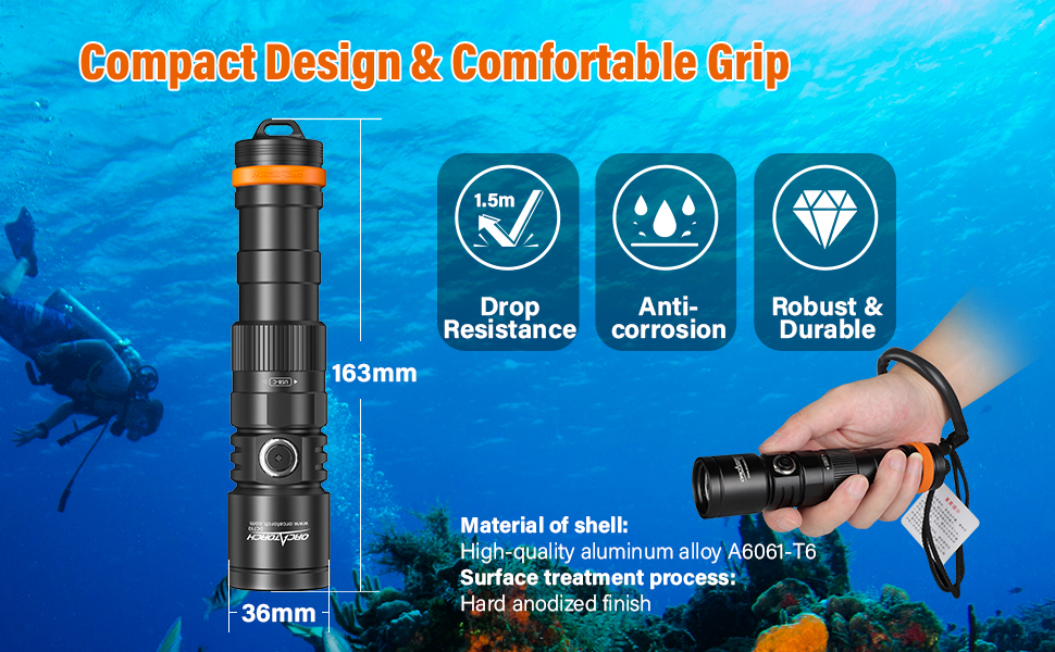 Ліхтар під водою ORCATORCH DC710 LED 3000 люмен, USB-C, IP68, 150м, чорний