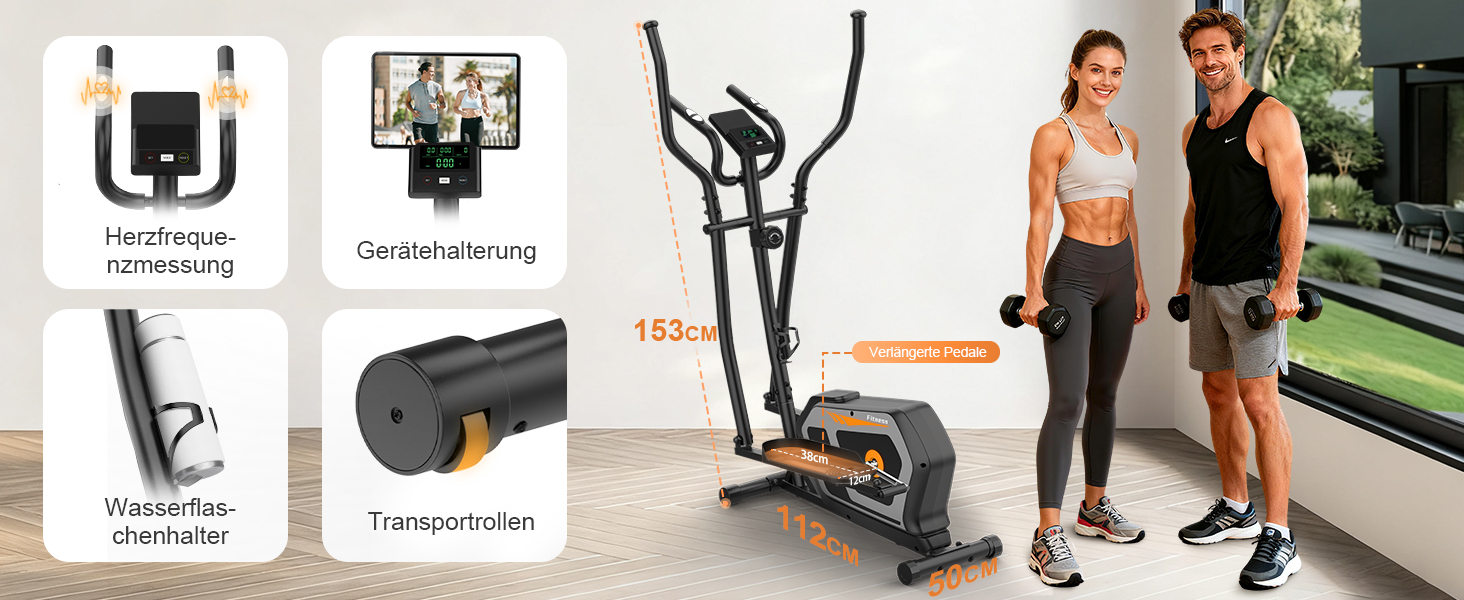 Еліптичний тренажер Crosstrainer 3-в-1 з LCD-монітором та регулюванням навантаження до 287 кг (Оранжевий + Чорний)