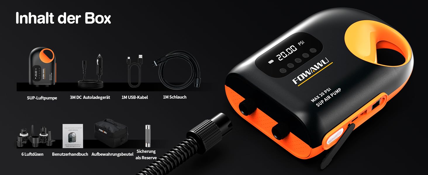Насос FOWAWU 20PSI 12V DC для SUP, човнів та каяків: активне охолодження, автоматичне надування/здування