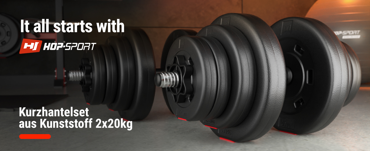 Набір гантелей Hop-Sport 20 кг / 40 кг (2 шт.) з штангою 30 мм, рифлена, з муфтами, для фітнесу